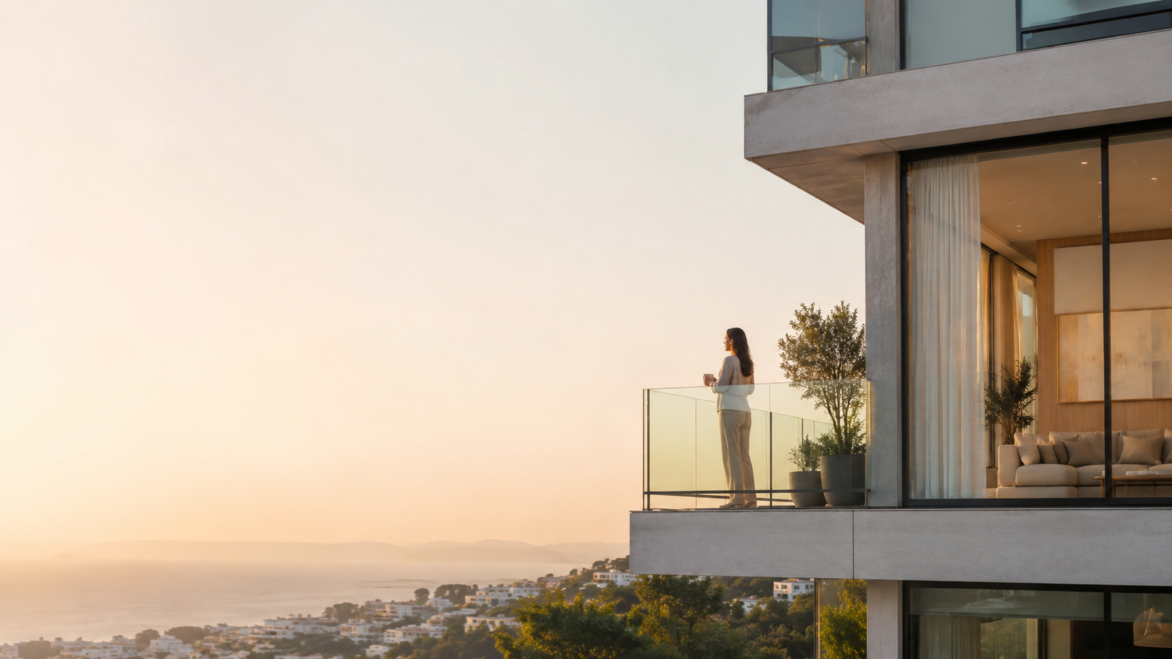 Moradora numa varanda de um edifício residencial ao fim do dia